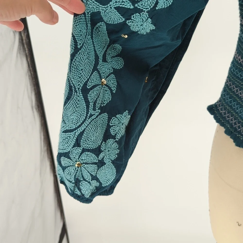 By Anthropologie Smock Balloon Sleeve Top Turquoise XS bohemian boho chic